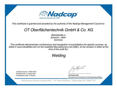 OT Schwerin is officially accredited for the welding process according to Nadcap